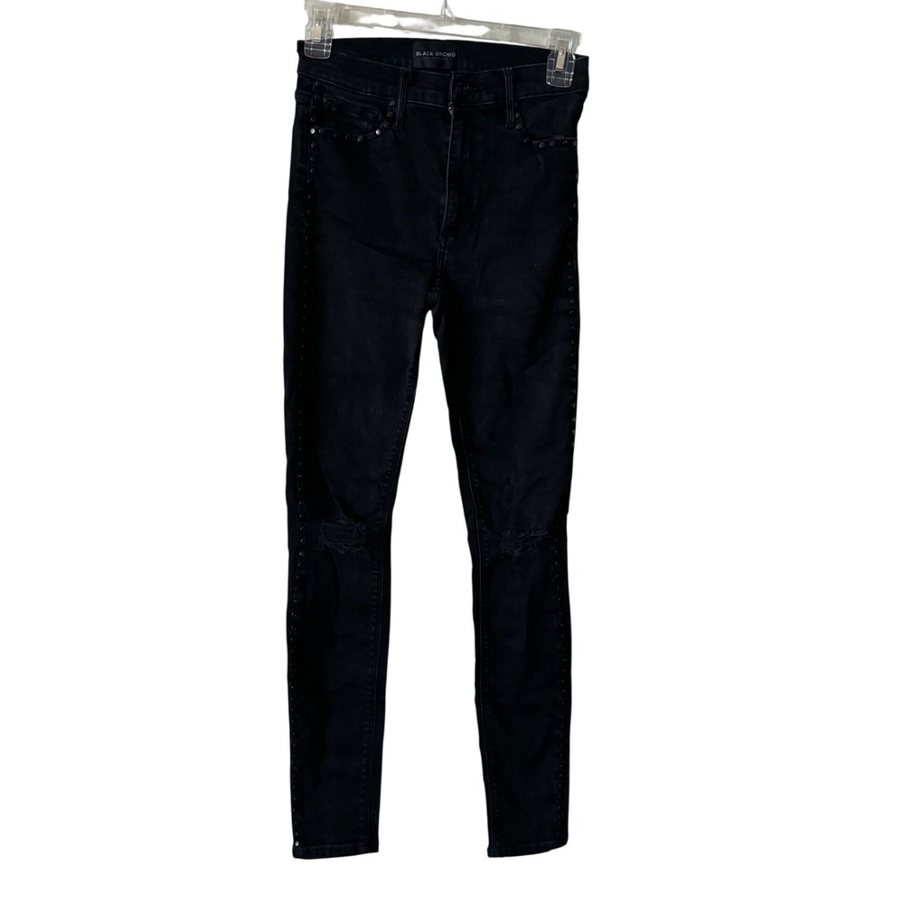 Black Orchid Women's Black Studded Distressed High Rise Skinny Jeans 26